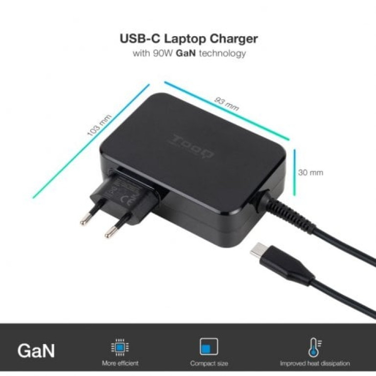 TooQ TQLC-USBCGAN90PD Carregador de portátil GAN USB-C PD3.0 90W Preto